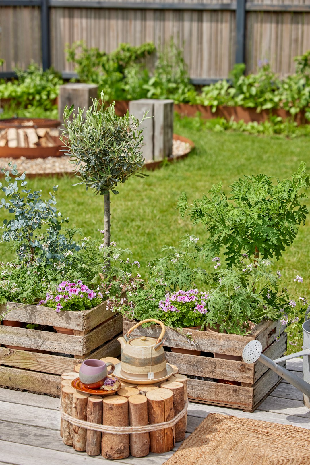 A beautiful outdoor garden with plants and tea.